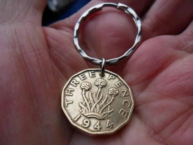 80th Birthday gift 1944 brass threepenny coin keyfob gift for a man or woman