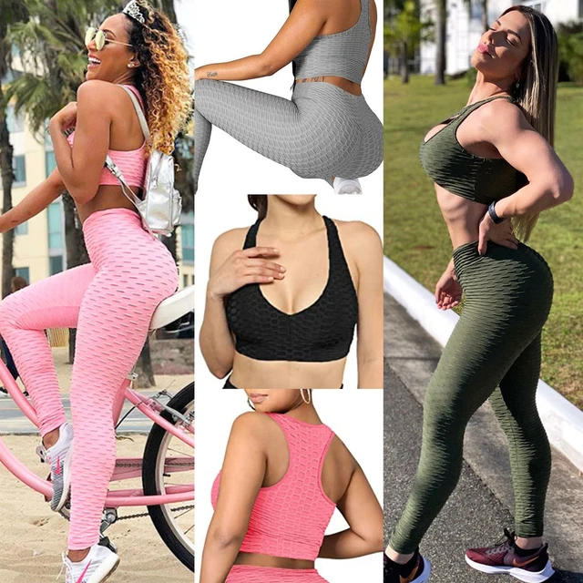 Womens Yoga Sports Honeycomb Gym Set Workout 2PCs Tracksuit High Waist Leggings