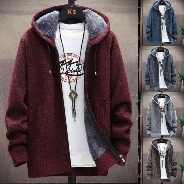 Mens Drawstring Thicken Warm Fleece Lined Hoodie Zip Coat Jacket Sweatshirt Tops