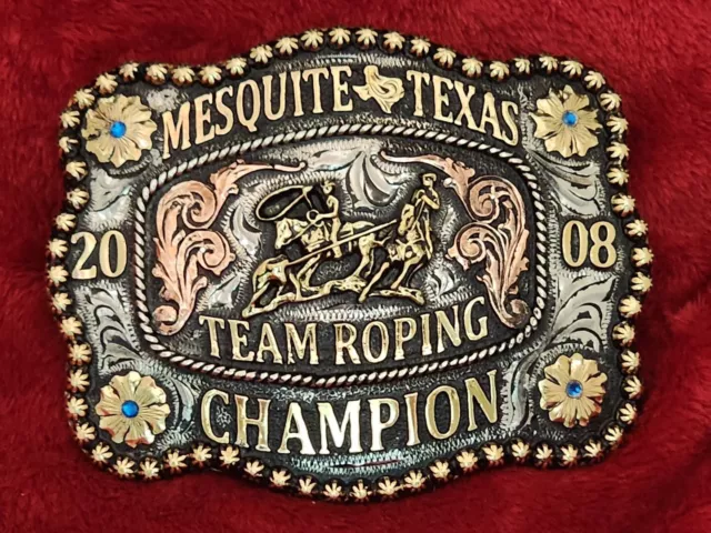 Team Roping Pro Rodeo Champion Trophy Buckle☆Mesquite Texas☆2008☆Rare☆841