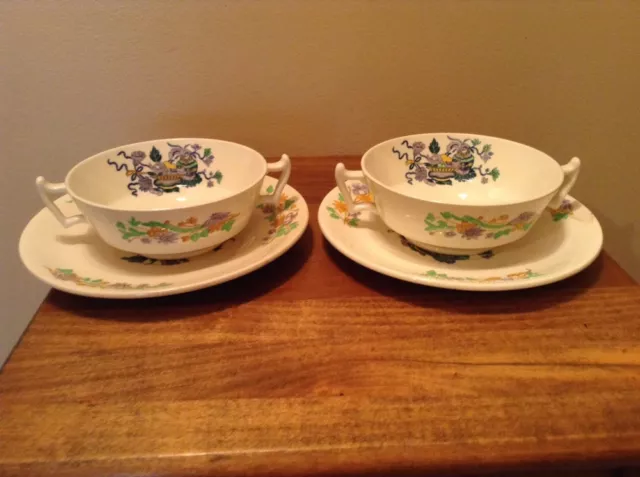 2 Spode Copeland England Golden State double handled bouillon cup & saucers rare