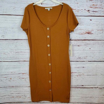 Haute Monde SS Bodycon Dress Women M Gold Brown Ribbed Pullover Stretch NWT