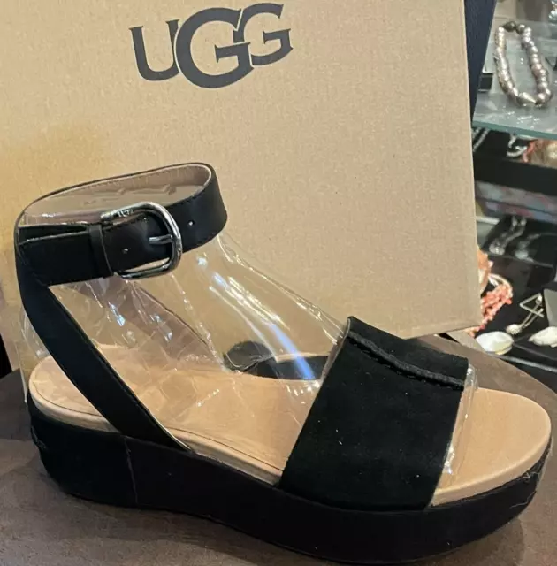 UGG  CHAPALA  STRAPPY WEDGE  BLACK SUEDE SANDAL   7.5 Eu/38.5 Cushion Insole NIB