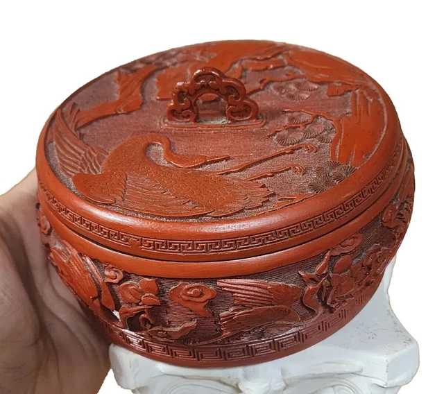 Chinese Carved Cinnabar Lacquer Round Box 6.25