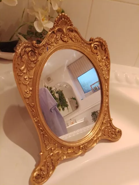 Vintage Reproduction Vanity Mirror Gold Tone  Ornate Frame Free Standing . Read