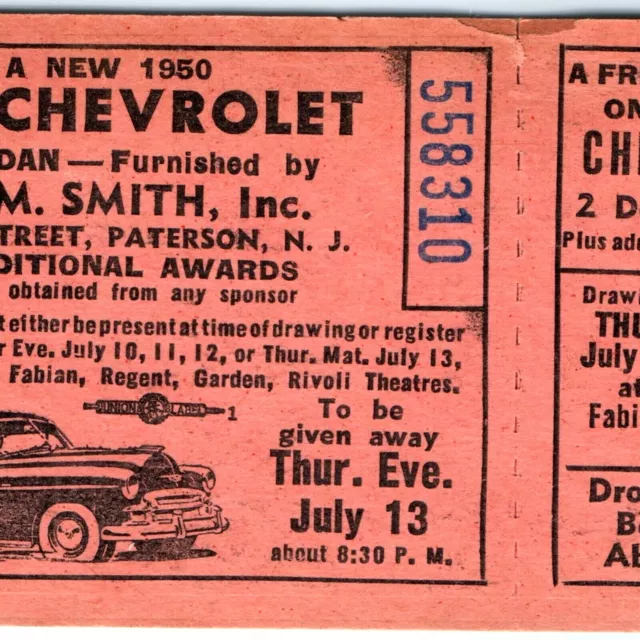 1950 Paterson, NJ Chevrolet Car Drawing Raffle Ticket Harry Smith Chevy Vtg C29