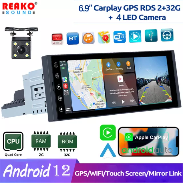 Carplay Single 1DIN Car Stereo Radio GPS WIFI 6.9'' Android 12 Touch Screen+Came