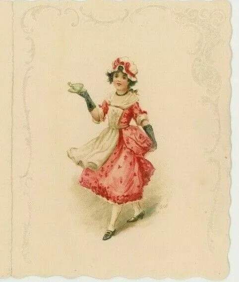 1880s Victorian Invitation to Tea Lovely Girl Colonial Dress Bonnet P207
