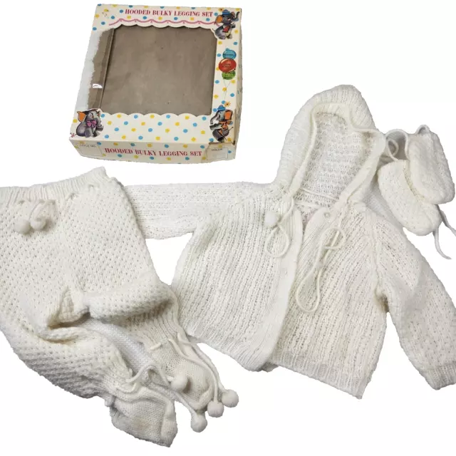 Vintage 50s 60s Baby Infant Layette Hooded Knit Sweater Leggings Set White 12 Mo