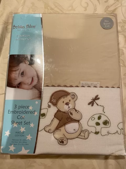 Bubba Blue Premium Collection Embroidery Set BNWT 3 Piece Cotton Sheet Set