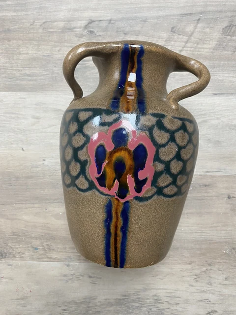 German Glazed Pottery Vase Carl Gebauer Germany Floral Brown Pink Green