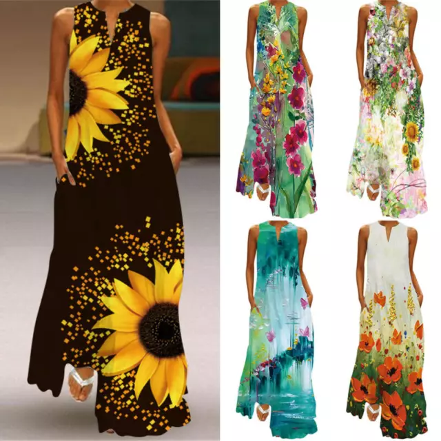 Plus Size Womens Floral Print Sleeveless V Neck Summer Long Kaftan Maxi Sundress