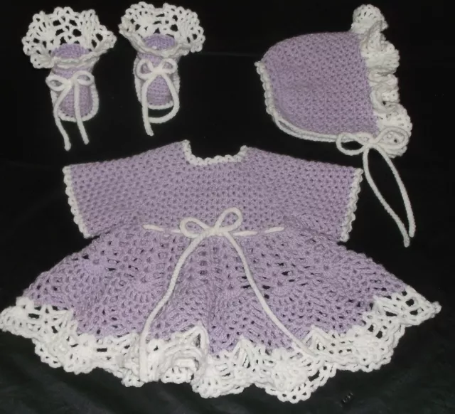 Pineapple Baby Dress Set Hand Crochet Vio;Et & White Newborn To 3 Month Size