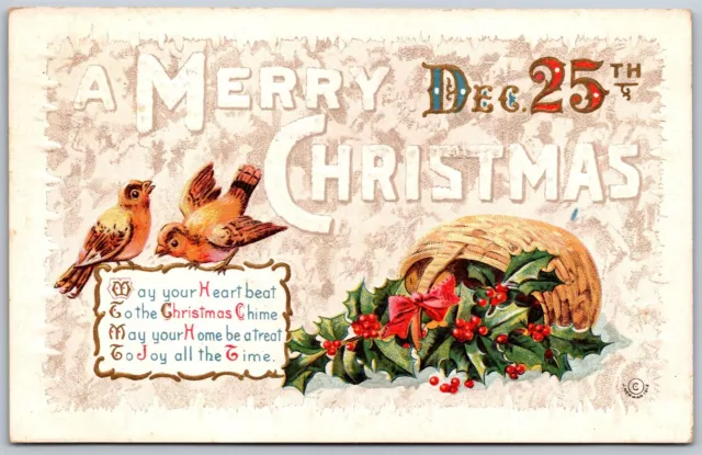 Vtg Merry Christmas Greeting Basket of Holly Birds Embossed 1910s Old Postcard