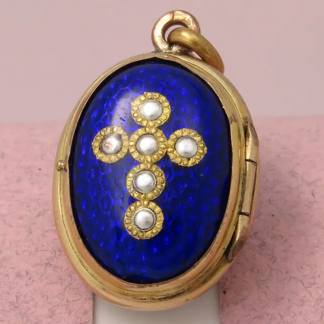 Antique Victorian French Bressan Blue Enamel Gold Filled TINY Egg Charm Locket