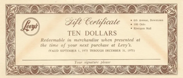 Vintage 1975 LEVY'S CLOTHIER STORE GIFT CERTIFICATE AD NASHVILLE TENNESSEE S4