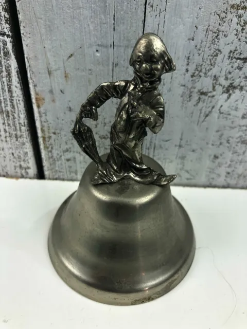 Vintage Pewter Clown On Metal Standing 4" Brass Clapper Lead Bell Good Used