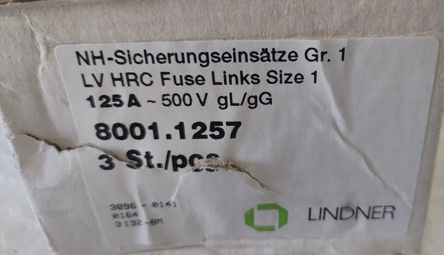 1x3 St. LINDNER - 125A - 500V - NH-Sicherungseinsätze Gr. 1 - 8001.1257 - neu