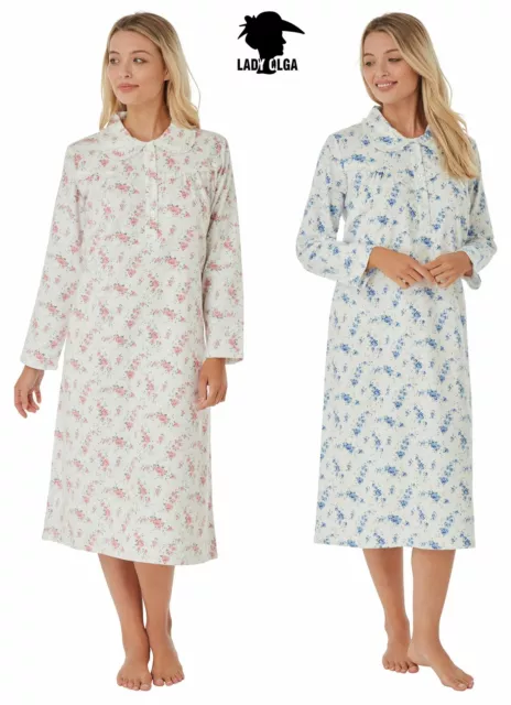 Lady Olga Nightie Womens Brushed Cotton Floral Long Sleeve Nightdress Nightwear