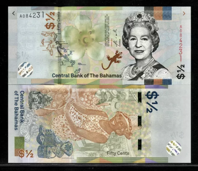 Bahamas 1/2 Dollar Banknote 2019 Queen Elizabeth II UNC **FREE SHIPPING**