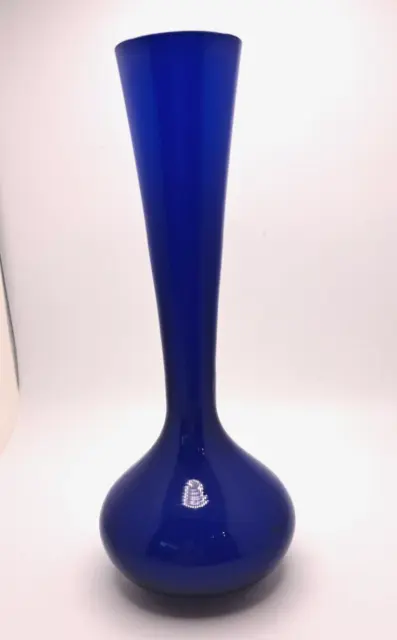 VTG Handblown Cobalt Blue Cased Art Glass Vase White Inside 8" Tall  VGC