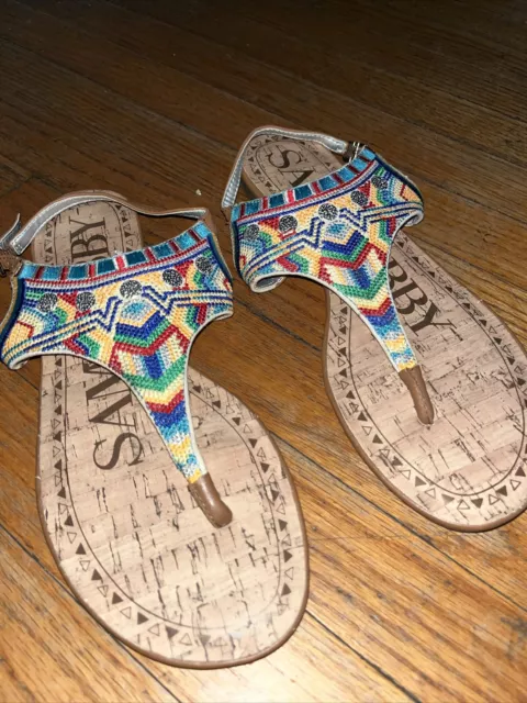 Sam & Libby Multicolor Aztec Print Thong Sandals Ankle Strap Flat Size 9.5 Shoes