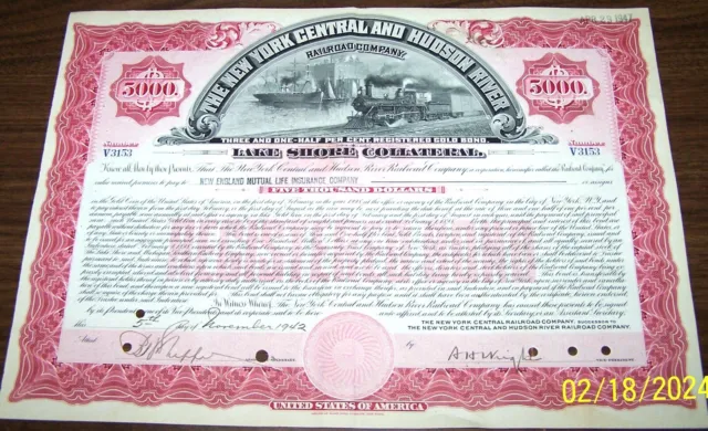 NY Central & Hudson River RR Co. Bond 5,000 Dollars Oversized as pictured.
