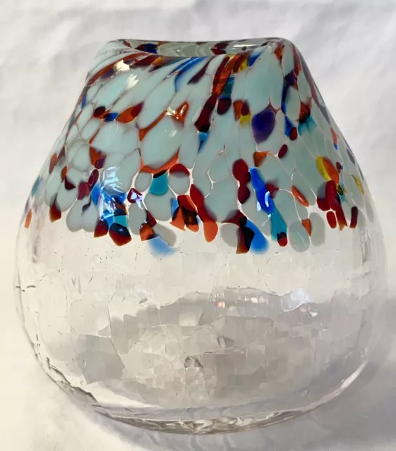 Hand Blown Vase Artist Signed Multi Color Confetti Crackled Glass 4.25” Bulb Bud