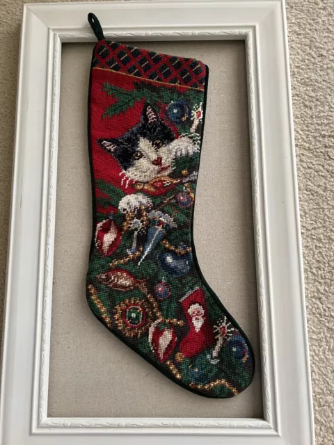 Vintage Needlepoint Christmas Stocking Cat Christmas Tree