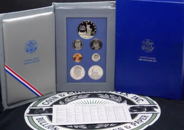 1986 "S" US Mint PROOF Silver PRESTIGE Set STATUE of LIBERTY Box & COA (7 Coin)