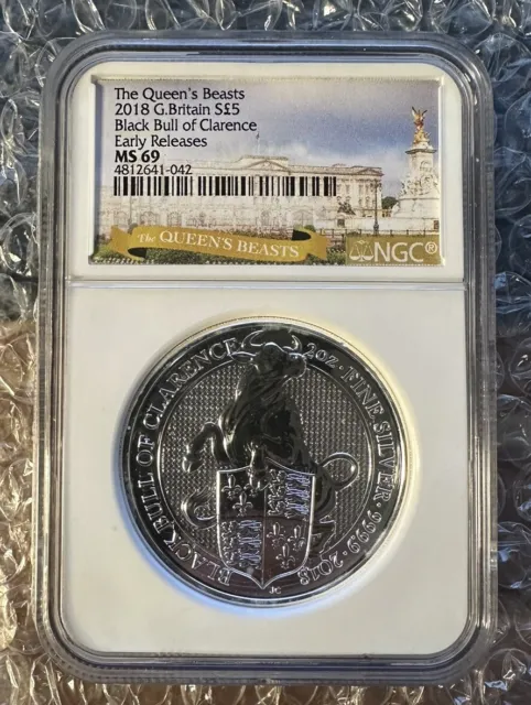 2018 U.K. £5 Silver Queen's Beasts Black Bull 2oz NGC MS69 Early Releases