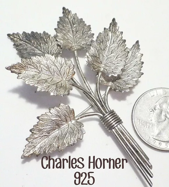 Large Vintage Signed Hallmarked CHARLES HORNER 1947 Sterling Silver 6-Leaf Pin