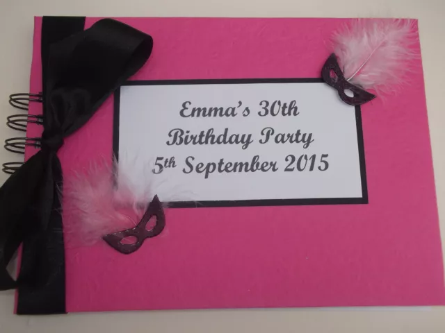 Hen Night Birthday Party Wedding Guest Book Pink & Black Masquerade Personalised