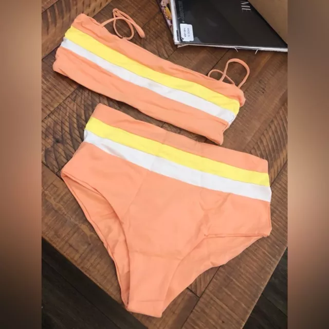 NWT L*Space FULL SET Rebel Stripe and High Waist Bottom in Tangy Coral - Size XL