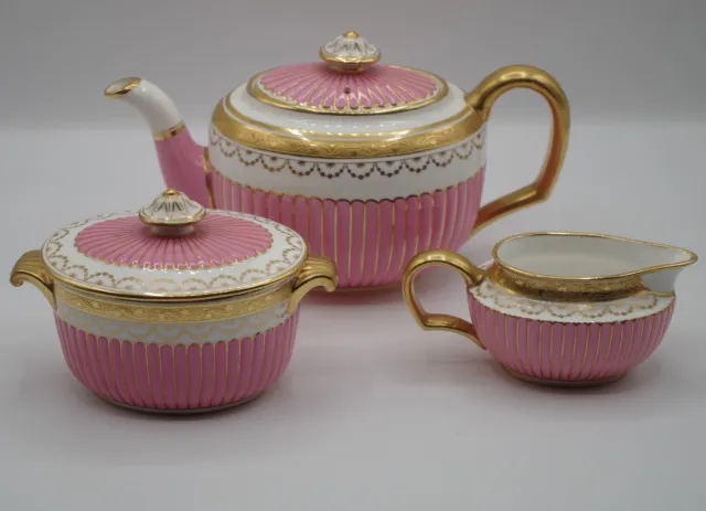 Mintons England Antique Tea Set Teapot Creamer Sugar Bowl Pink Gold Georgian