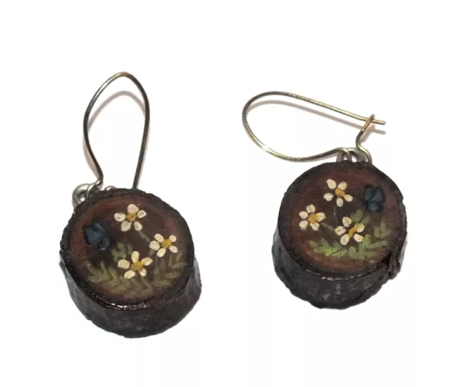 Vintage Wooden Circle Earrings Hand Painted Flowers 1980's Retro Jewelry J327