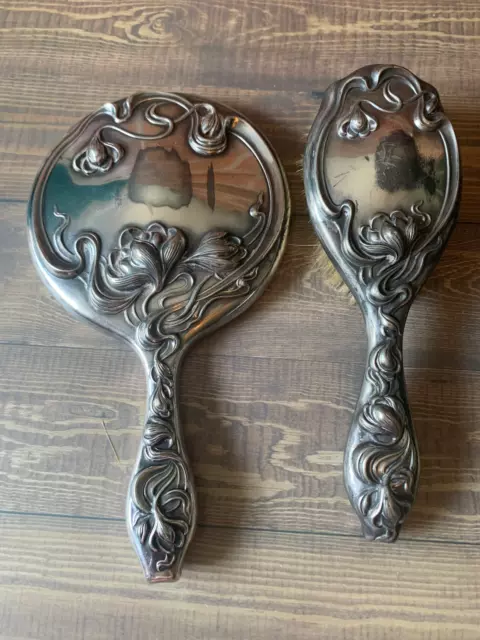 Antique Victor Silver Co. Vanity Hand Mirror & Brush Art Nouveau Silverplate