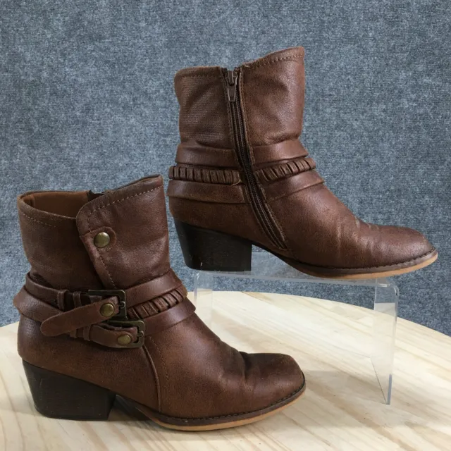 Baretraps Boots 8M Brown Shera Ankle Bootie Ruched Buckle Zip Faux