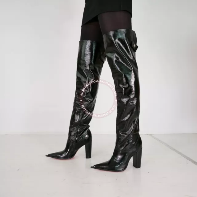 Andrewboots EU44 US13 pointed toe block high heel patent leather over knee boots