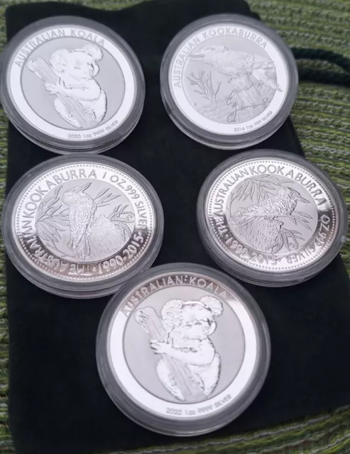 Sammlung 5x Australian Koala, Kookaburra 1 Dollar Silbermünzen 1oz  999 Silber