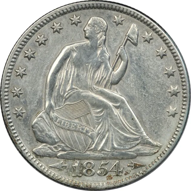 1854 Arrows Seated Liberty Half Dollar 50C, About Uncirculated AU, Cleaned