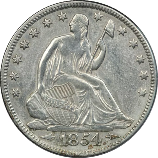 1854 Arrows Seated Liberty Half Dollar 50C, About Uncirculated AU, Cleaned