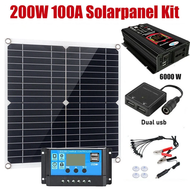 6000W Car Power Inverter LCD Display Modified Sine Wave w/ 200W Solar Panel Kit