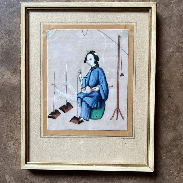 Antique Fine Chinese Export Watercolor Gouache Painting Noble Women Rice Paper