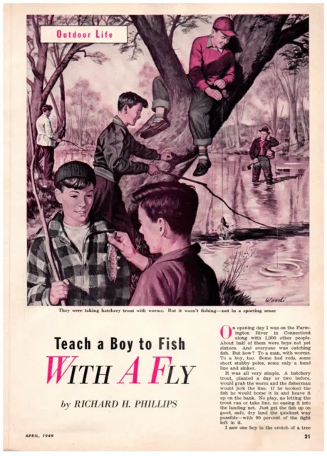 Illustration Woodi Boys in Tree Fishing River Sticks Print Advertisement 1949