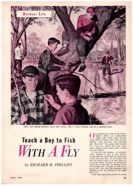Illustration Woodi Boys in Tree Fishing River Sticks Print Advertisement 1949