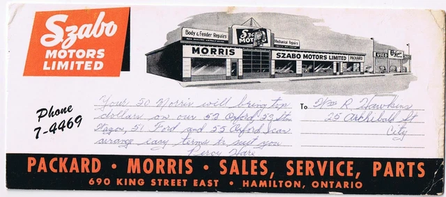 Hamilton Ontario Advertising Card Ink Blotter Szabo Motors Packard Morris
