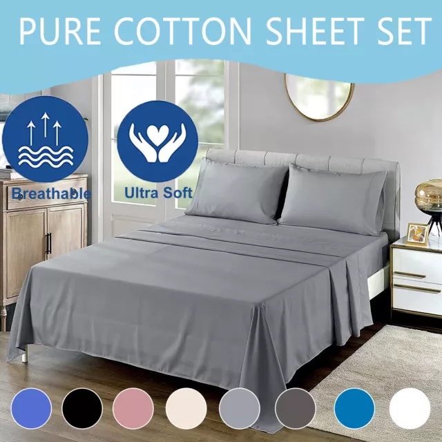 Pure Premium Egyptian Cotton Sheet Sets Fitted Flat Sheet Pillowcases All Size