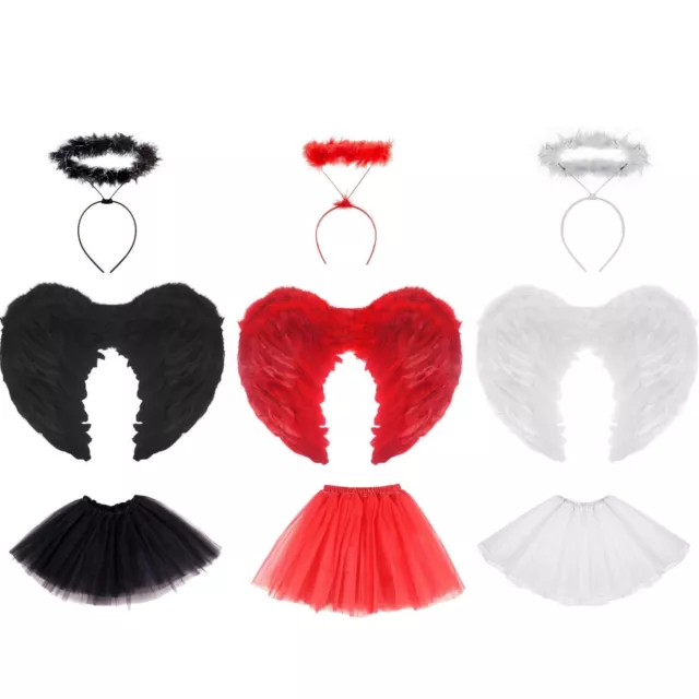 Angel Halloween Adult Costume Feather Wings, Halo & Tutu  Fancy Dress Outfit