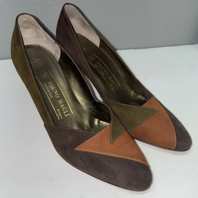 Bruno Magli Italy Brown Suede Leather Heels Pumps Shoes Women’s 6.5 B 3-Tone